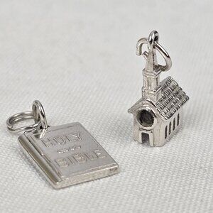 Vintage Sterling Silver Religious Bracelet Charms Bible Church
